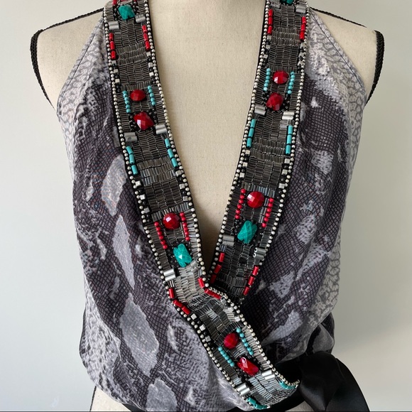 BEBE Silk Beaded Snake Printed Top - Picture 7 of 16